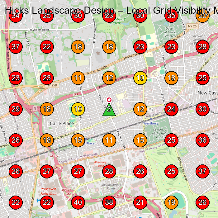Hicks Landscape Design GeoGrid visibility map for Plant Nursery in Westbury